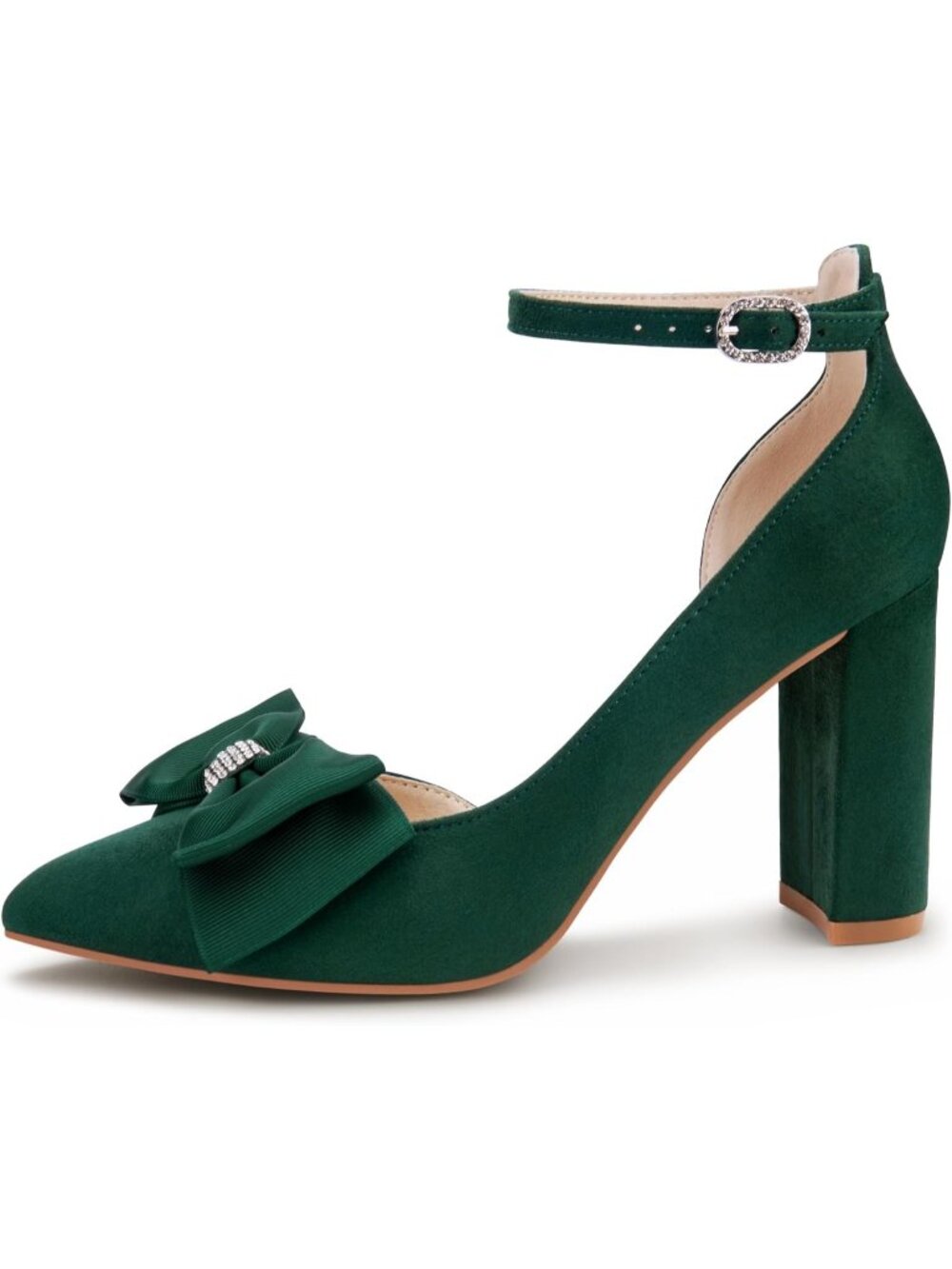 Women's Green Su Pointed Toe Pumps Bow on Toe Ankle Strap Chunky Block Heel - Picture 4 of 6